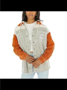 Corduroy Hooded Shacket with Orange Sleeves - Women's Jacket